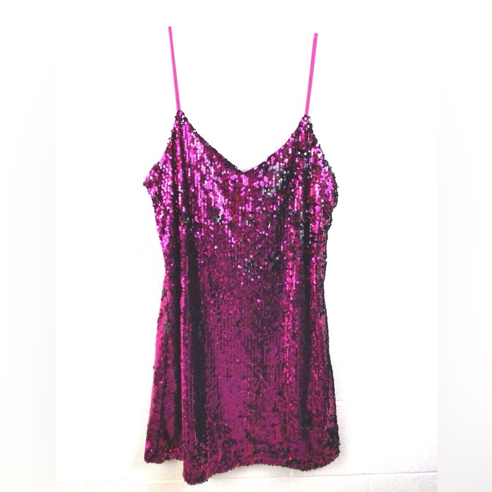 DKNY Fuchsia Pink Black Sequin Dress Sz M NYE Holiday Party